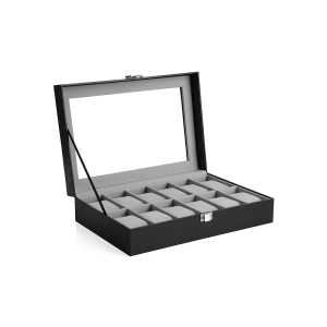 Caixa de relógio SONGMICS com 12 compartimentos, estojo com tampa de vidro, caixa de exibição de relógio com almofadas removíveis, fecho de metal, ideia de presente, couro sintético preto, forro cinza JWB12BK