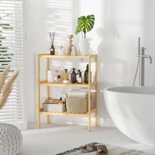 HOMCOM Estante de Bambu de 3 Níveis Móvel Organizador Multifuncional para Casa de Banho Cozinha Sala de Estar 62x33x80cm Natural - Image 2