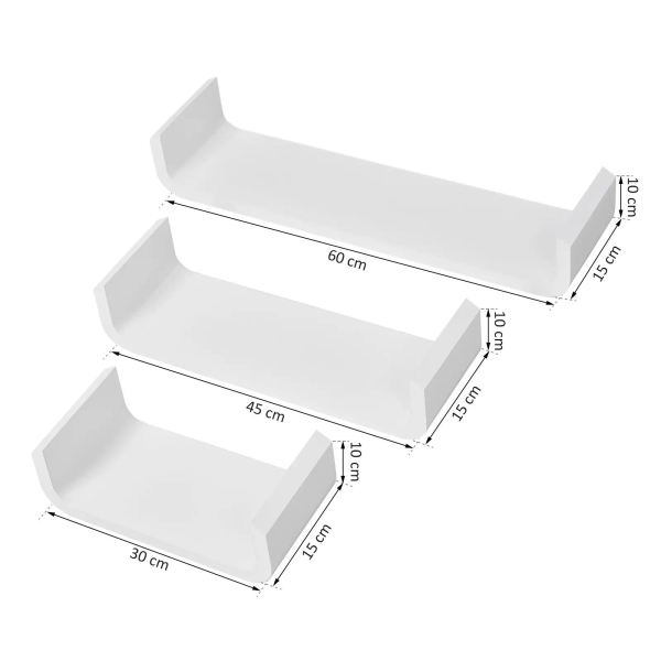 HOMCOM Conjunto de 3 Prateleiras Flutuantes 60/45/30x15x10 cm Prateleiras de Parede para Armazenamento de Livros Fotos Decoração para Sala de Estar Corredor Dormitório Branco - Image 3