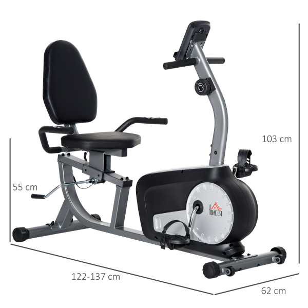 HOMCOM Bicicleta Estática com Encosto com 8 Níveis de Resistência Magnética Comprimento Ajustável Ecrã LCD 122-137x62x103 cm Cinza - Image 3