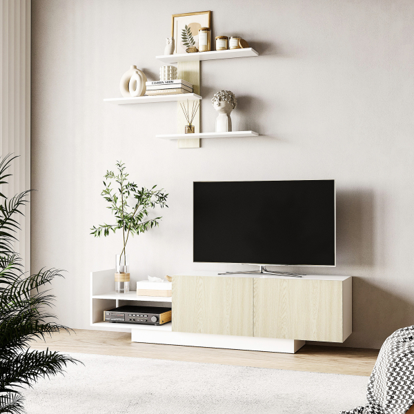 HOMCOM Móvel de TV para Sala de Estar Móvel para Televisores 150x31,5x40cm e Prateleira de Parede 95,5x16x60cm Madeira e Branco - Image 2