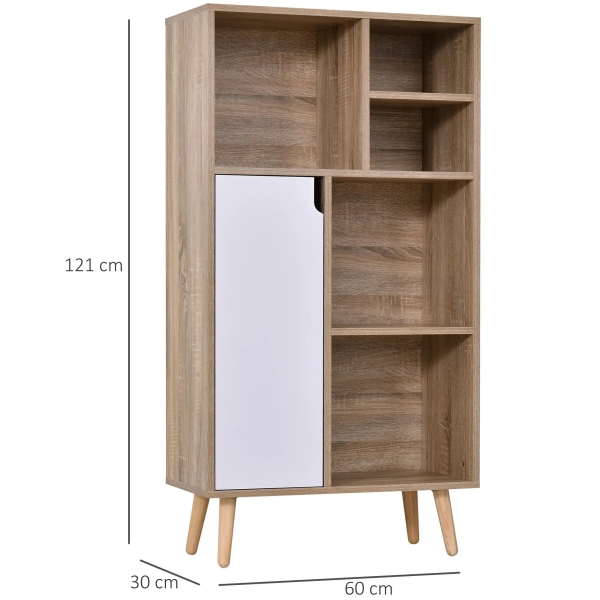 HOMCOM Móvel Aparador Alto Armário Auxiliar de Sala de Estar com 5 Compartimentos e 1 Porta Multiuso para Sala de Jantar Cozinha Dormitório 60x30x121cm Carvalho e Branco - Image 3