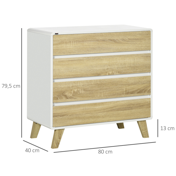 HOMCOM Cómoda com 4 Gavetas de Madeira com Pés Elevados para Sala de Estar Dormitório Escritório 80x40x79,5cm Carvalho e Branco - Image 3