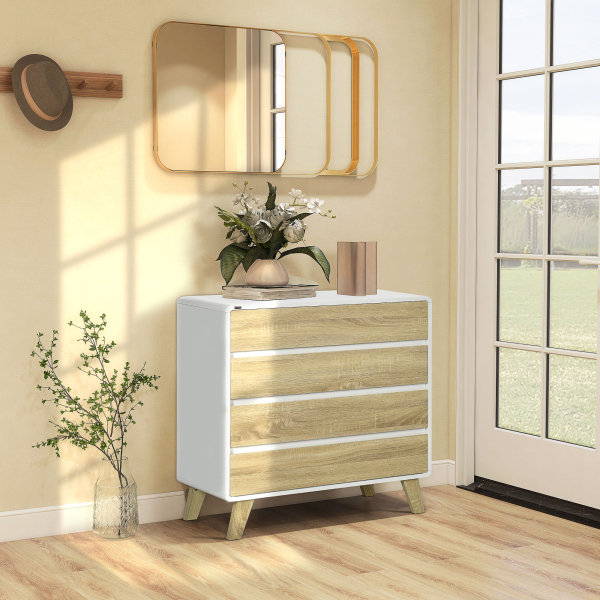 HOMCOM Cómoda com 4 Gavetas de Madeira com Pés Elevados para Sala de Estar Dormitório Escritório 80x40x79,5cm Carvalho e Branco - Image 2