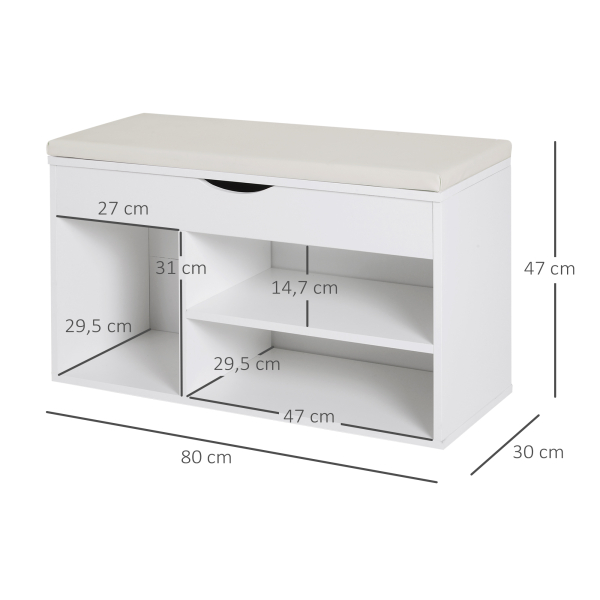HOMCOM Banco Sapateira com Armazenamento Gaveta Prateleira e Assento Acolchoado para Entrada Estilo Moderno 80x30x47cm Branco - Image 3