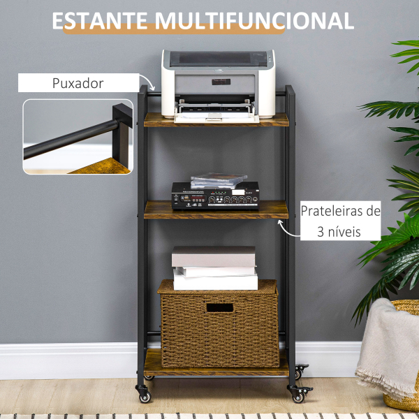 HOMCOM Estante Multifuncional com Rodas Estante de Armazenamento de 3 Níveis com Prateleiras Ajustáveis para Escritório Estúdio Dormitório 50x35x100,5cm Marrom Rústico - Image 4