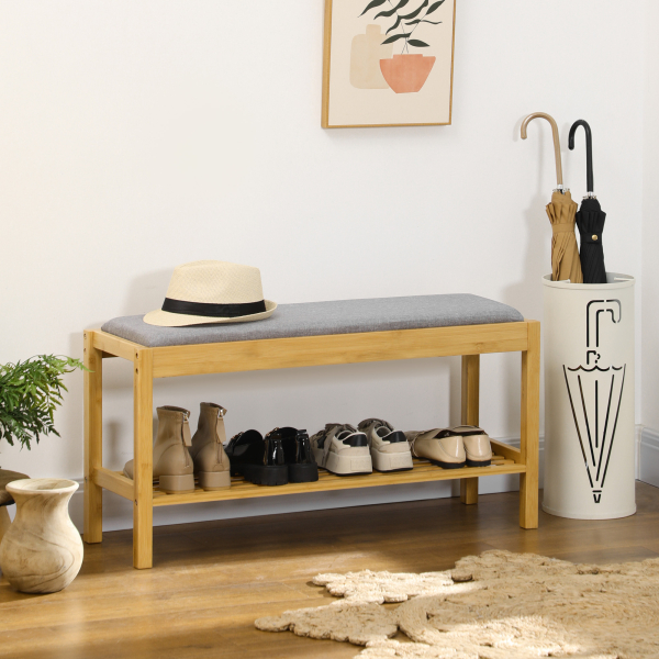HOMCOM Banco Sapateira de Bambu com Assento Estofado para 3 Pares de Sapatos e Prateleira de 90x30x46 cm Madeira - Image 2