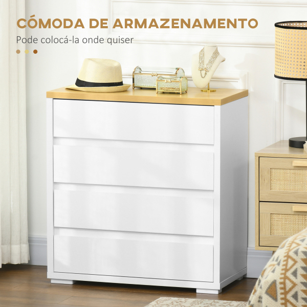 HOMCOM Cómoda Moderna com 4 Gavetas de Madeira para Dormitório Carga Máxima 40 kg 70x37x75 cm Branco e Madeira - Image 4