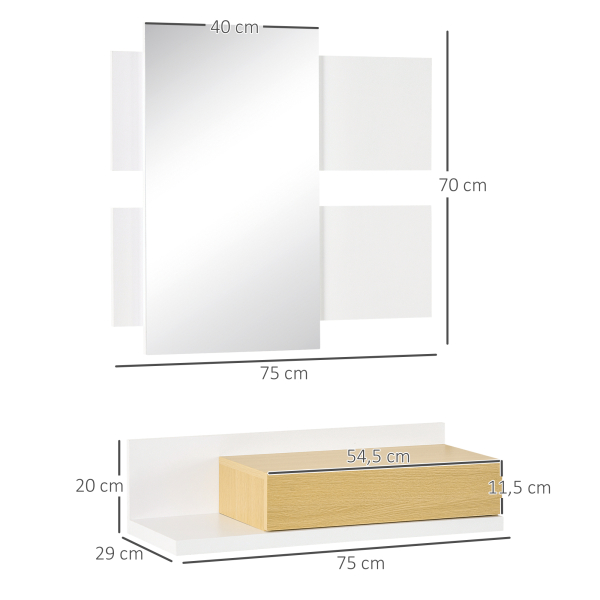 HOMCOM Conjunto de Móveis de Entrada com Espelho e Gaveta Estilo Moderno 75x4x70cm e 75x29x20cm Branco e Madeira - Image 3