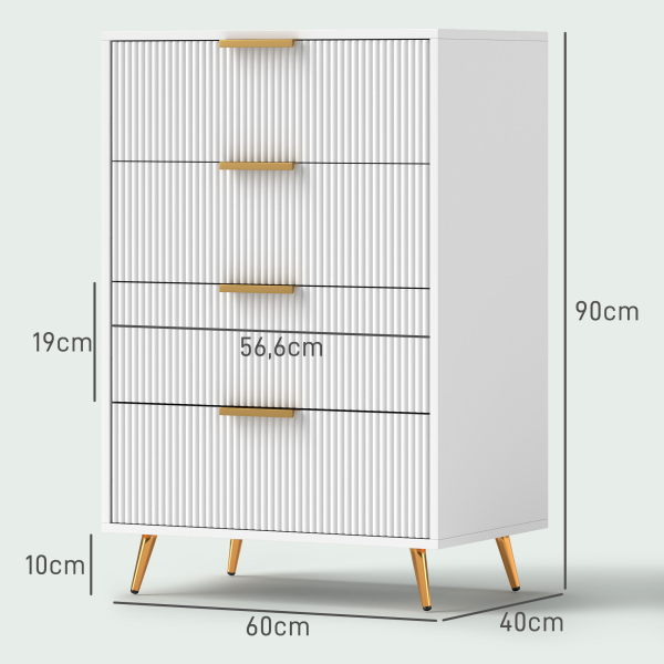 HOMCOM Cómoda com 4 Gavetas Cómoda de Dormitório Moderna com Desenho Ondulado Anti-Tombo 60x40x90 cm Branco - Image 3