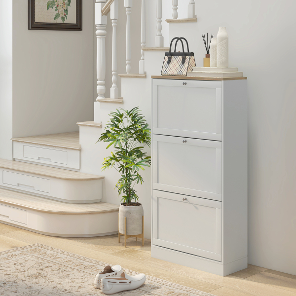 HOMCOM Móvel Sapateira de Entrada com 3 Gavetas Basculantes e Prateleiras Ajustáveis para 18 Pares de Sapatos 60x23,5x115 cm Branco - Image 2