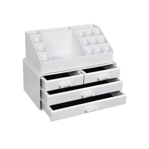 Organizador de cosméticos SONGMICS, suporte para maquiagem com 4 gavetas e 16 compartimentos de tamanhos diferentes, tapetes antiderrapantes, para acessórios de maquiagem e joias, branco JKA0010TP