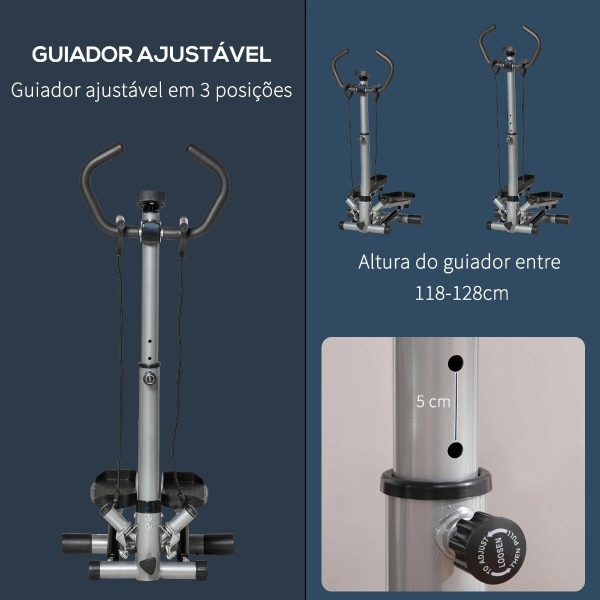 HOMCOM Máquina de Step Fitness com Guiador Ajustável em Altura Tela LCD Bandas Elásticas Pedais Antiderrapantes Equipamento de Exercício para Academia em Casa 55x53x118-128cm Prata - Image 4