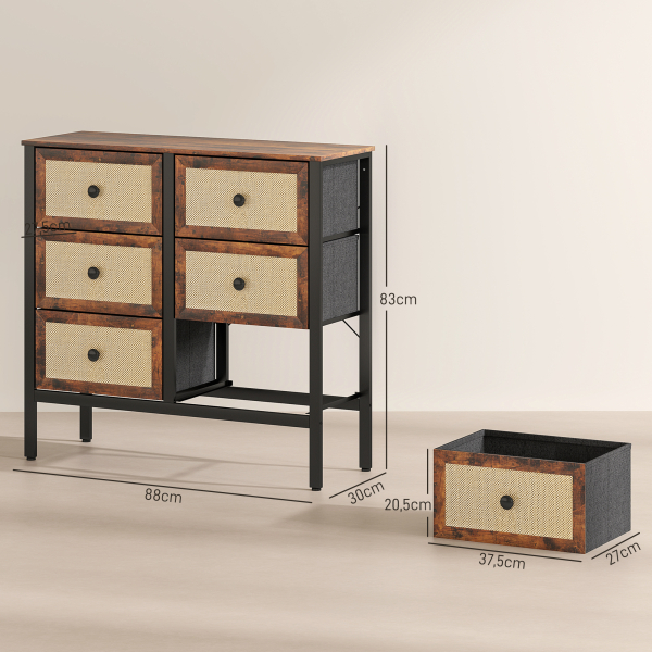 HOMCOM Cómoda para Dormitório Cómoda de Tecido com 6 Gavetas Dobráveis com Frentes de Vime 88x30x83 cm Marrom Rústico - Image 3