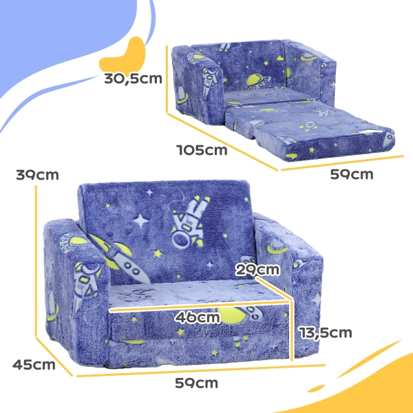 AIYAPLAY Poltrona para Crianças Dobrável e Reclinável Sofá para Crianças Estofado em Tecido Luminoso com Desenho Espacial Azul - Image 3