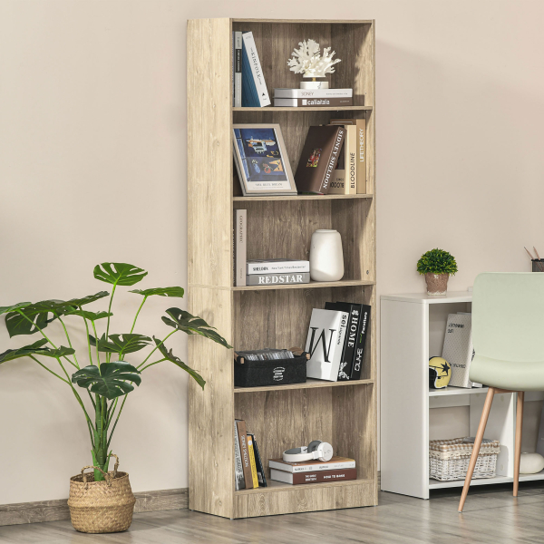HOMCOM Estante para Livros de 5 Níveis com Prateleira Ajustável e Desenho Anti-Tombo Estante de Armazenamento 63x29,5x176 cm Madeira - Image 2