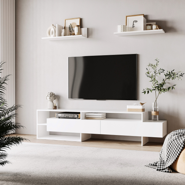 HOMCOM Móvel de TV para Sala de Estar Móvel para Televisor 180x33,5x42cm e 2 Prateleiras de Parede 65x20x20cm Branco - Image 2