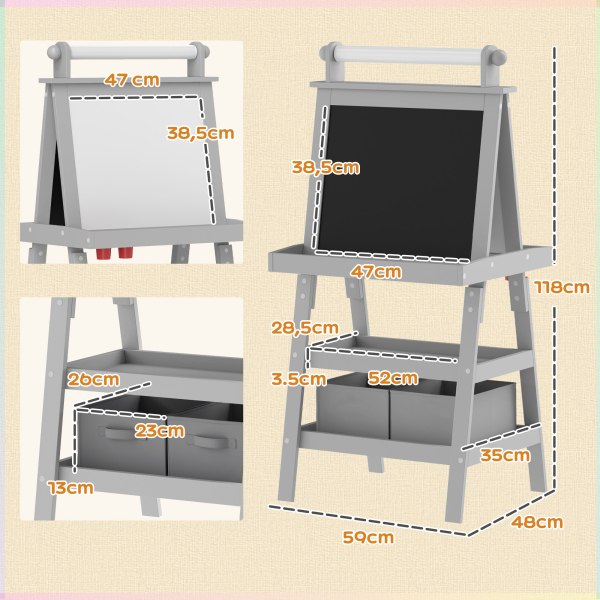 AIYAPLAY Cavalete de Pintura Infantil 3 em 1 Quadro Dupla Face com Rolo de Papel e Cestos de Arrumação Cinzento - Image 3