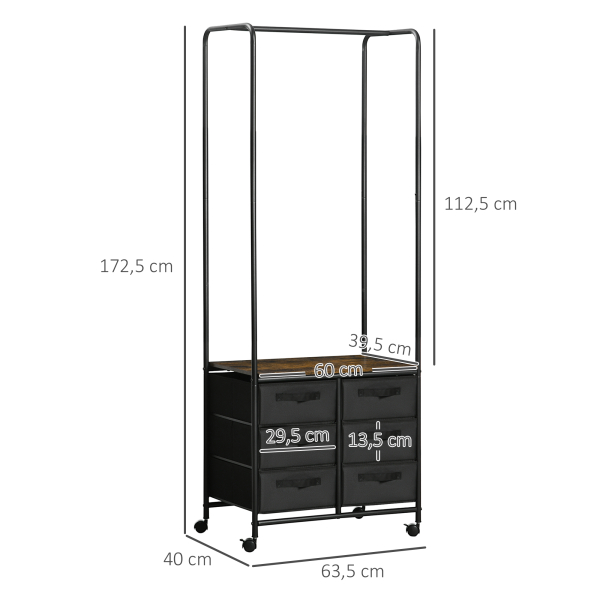 HOMCOM Cabideiro para Roupa com Rodas 6 Gavetas de Tecido Barra para Pendurar para Corredor Quarto 63,5x40x172,5 cm Castanho Rústico - Image 3