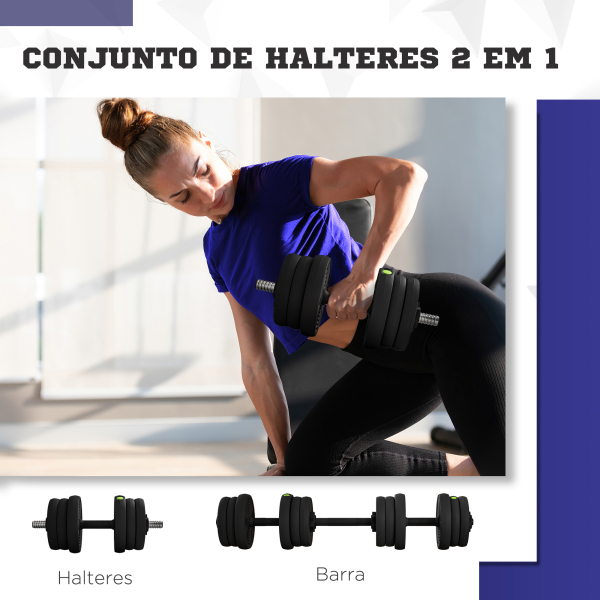 SPORTNOW Kit de Halteres 20kg 2 em 1 com Barra de Pesos Pega Antiderrapante para Treino de Força Preto Verde - Image 4