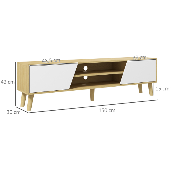 HOMCOM Móvel de TV com 2 Portas e 2 Estantes  para Televisores de até 65 Polegadas 150x30x42 cm Madeira e Branco - Image 3