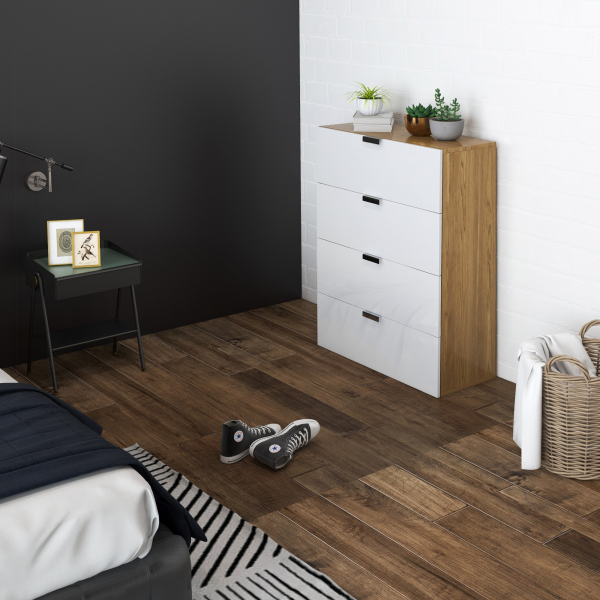HOMCOM Cómoda com 4 Gavetas de Alto Brilho Cómoda de Madeira de Estilo Moderno 70x35x92 cm Branco e Madeira - Image 2