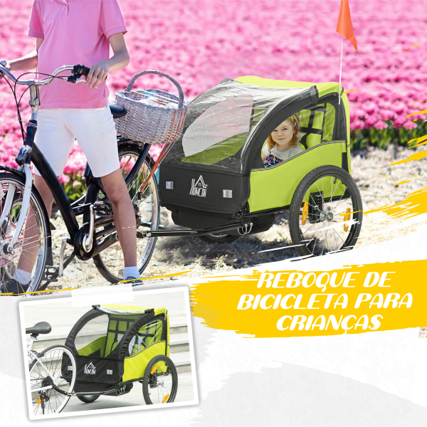 HOMCOM Reboque de Bicicleta para Crianças de 2 Lugares com Cinto de Segurança e Sistema de Amortecimento 140x88x90 cm Verde - Image 4