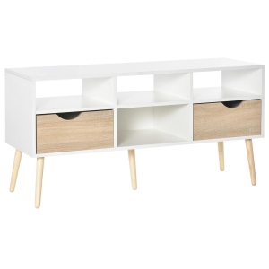HOMCOM Móvel de TV com 2 Gavetas e 4 Compartimentos Pés de Madeira Dispositivo Anti Rolamento para Sala de Estar 117x39x57cm Branco e Madeira Natural