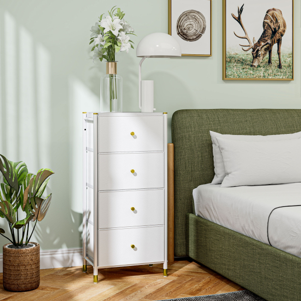 HOMCOM Cómoda para Dormitório Cómoda de Tecido com 4 Gavetas Dobráveis com Frentes de Couro PU 46x30x98 cm Branco - Image 2