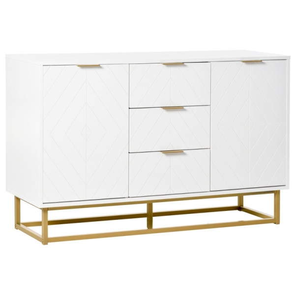 HOMCOM Aparador Auxiliar Armário de Armazenamento com 3 Gavetas e 2 Armários com Prateleira Ajustável 120x40x76 cm Branco