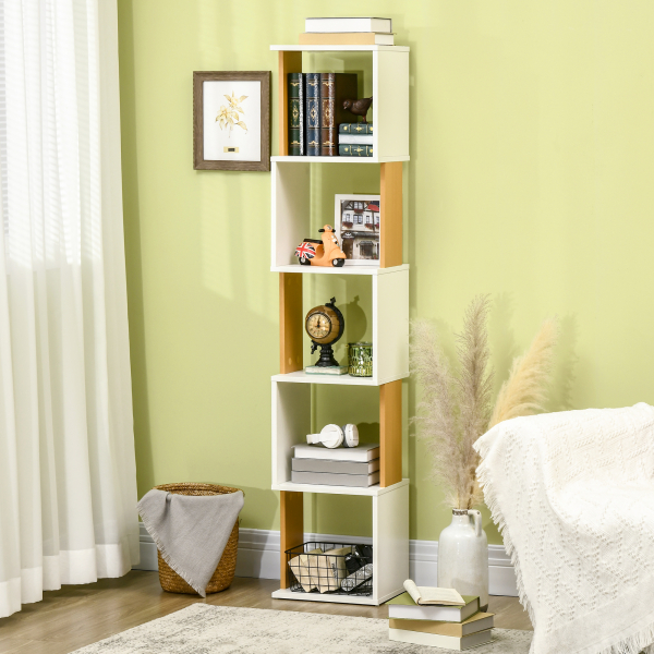 HOMCOM Estante de Livros em Forma de S Estante com 5 Prateleiras Abertas para Sala de Estar Escritório Anti-Tombo 33x28x161cm Branco - Image 2