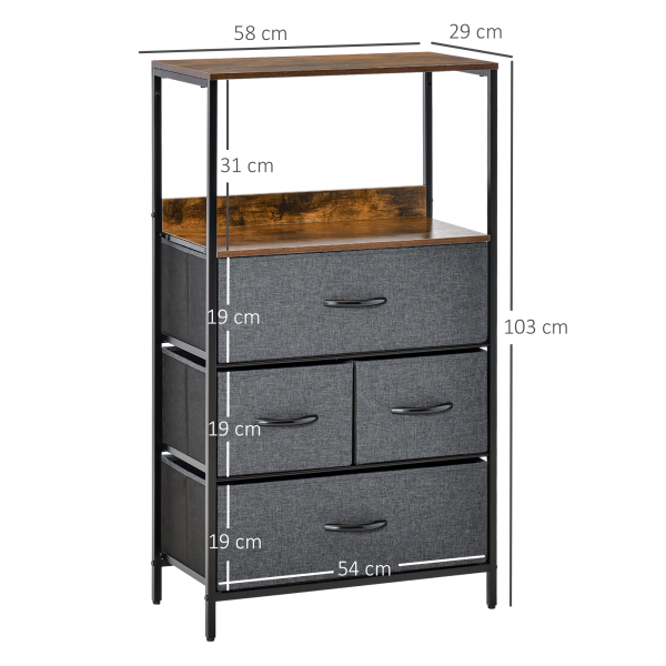 HOMCOM Cómoda com 4 Gavetas Dobráveis e Prateleira Aberta Cómoda com Gavetas de Tecido Anti-Tombo 58x29x103cm Marrom e Cinza - Image 3