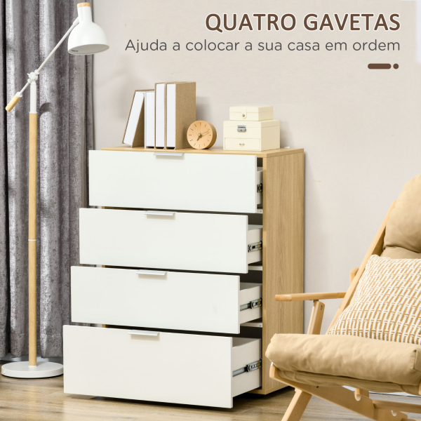 HOMCOM Cómoda com 4 Gavetas de Alto Brilho Cómoda de Madeira de Estilo Moderno 70x35x92 cm Branco e Madeira - Image 4