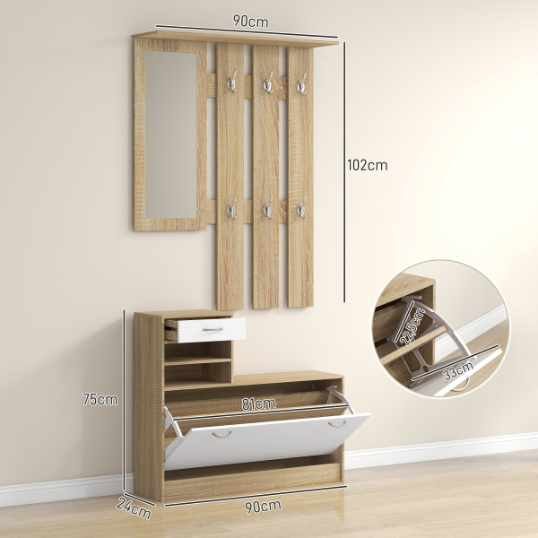 HOMCOM Móvel Cabide de Entrada de 3 Peças Armário de Entrada com Cabide Espelho Sapateira e Gaveta 90x10x102 cm Branco e Madeira - Image 3