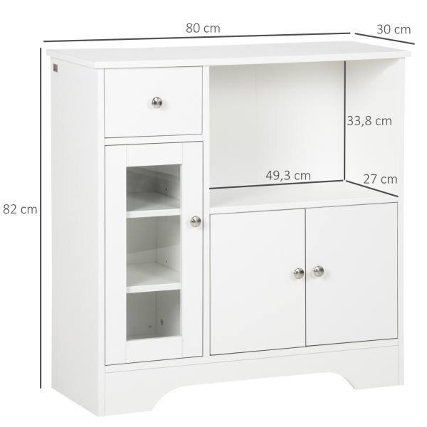 HOMCOM Aparador Moderno com Porta de Vidro Gaveta Prateleira Aberta e Prateleiras Ajustáveis Móvel Auxiliar 80x30x82cm Branco - Image 3