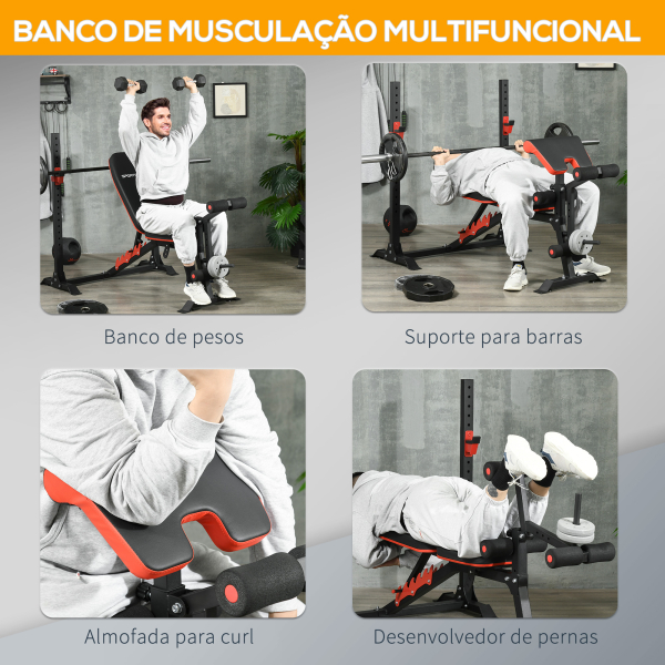 SPORTNOW Banco de Musculação Multifuncional Banco de Pesos com Encosto Reclinável e Suporte de Barras Ajustável 180x110x126 cm Preto - Image 4