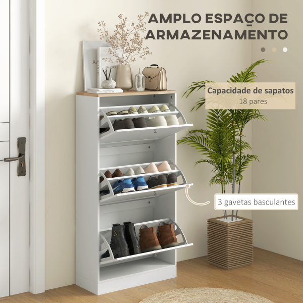 HOMCOM Móvel Sapateira de Entrada com 3 Gavetas Basculantes e Prateleiras Ajustáveis para 18 Pares de Sapatos 60x23,5x115 cm Branco - Image 4
