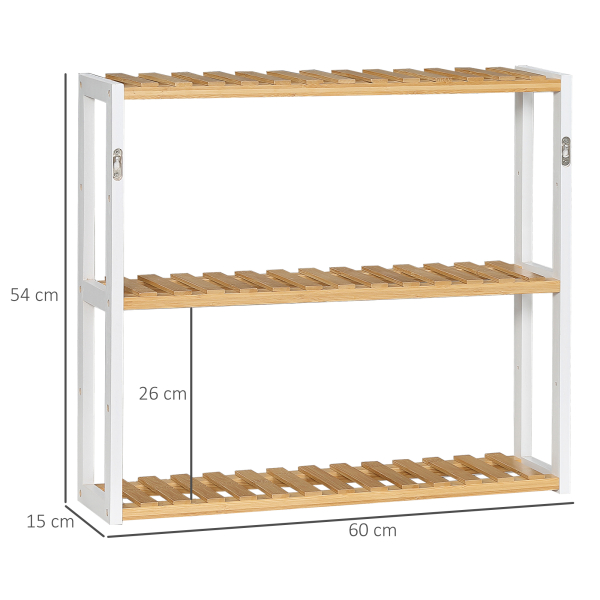 HOMCOM Estante de Parede de Bambu de 3 Níveis Estante Suspensa para Sala de Estar Dormitório Cozinha 60x15x54cm Madeira e Branco - Image 3