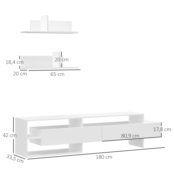 HOMCOM Móvel de TV para Sala de Estar Móvel para Televisor 180x33,5x42cm e 2 Prateleiras de Parede 65x20x20cm Branco - Image 3