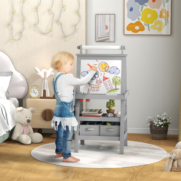 AIYAPLAY Cavalete de Pintura Infantil 3 em 1 Quadro Dupla Face com Rolo de Papel e Cestos de Arrumação Cinzento - Image 2