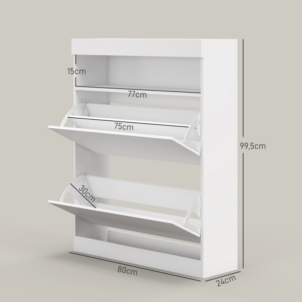 HOMCOM Móvel Sapateira de Entrada com Luzes LED Prateleira Aberta e 2 Gavetas Basculantes para 12-16 Pares 80x24x99,5 cm Branco Brilhante - Image 3