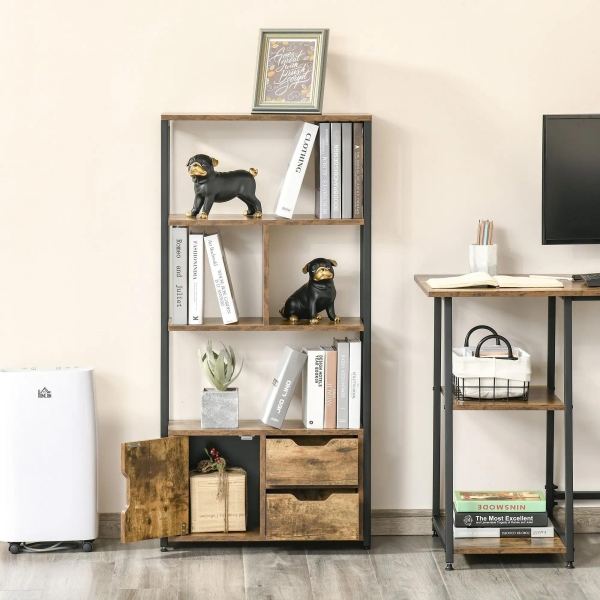 HOMCOM Estante para Livros com Armário e 2 Gavetas de Armazenamento Estante Estilo Industrial para Escritório Sala de Estar 58x24x122cm Marrom Rústico - Image 2