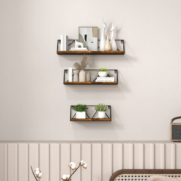 HOMCOM Conjunto de 3 Prateleiras de Parede Industrial Prateleiras Suspensas 30x12x12 cm 40x12x12 e cm 50x12x12 cm Madeira e Preto - Image 2