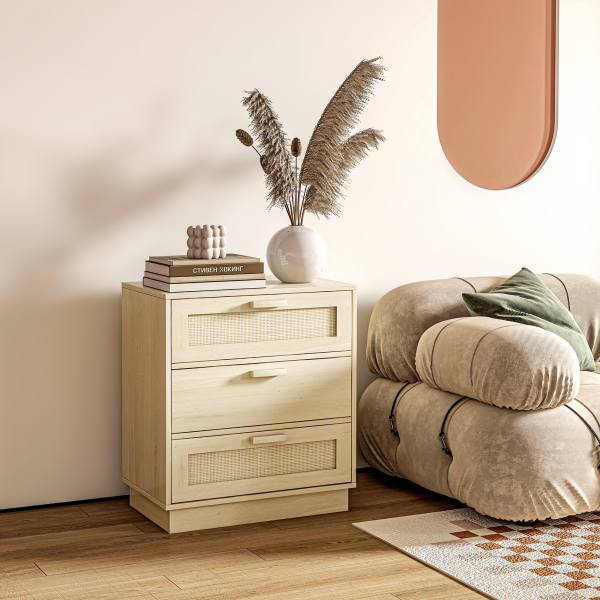 HOMCOM Cómoda com 3 Gavetas de Vime Cómoda de Madeira para Dormitório Sala de Estar Estilo Boêmio 60x38x69 cm Madeira - Image 2