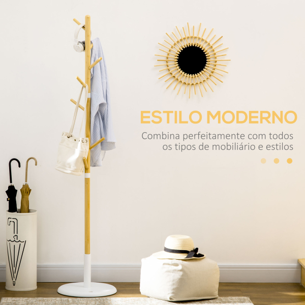 HOMCOM Cabide de Pé de Bambu Moderno com 8 Ganchos para Roupas Bolsas Ø37,8x175,6 cm Madeira e Branco - Image 4