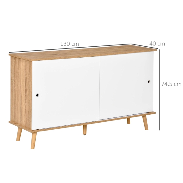 HOMCOM Móvel Aparador tipo Buffet para Sala de Jantar Cozinha com 2 Portas Corredeiras Prateleiras Interior Ajustáveis e Pés de Madeira 130x40x74,5cm Natural e Branco - Image 3