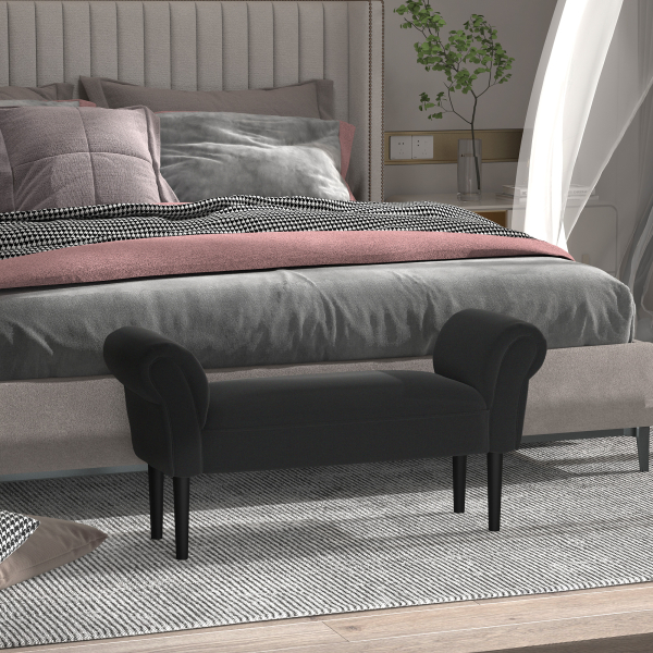 HOMCOM Banco de Pé de Cama Banco com Braços Curvados Estofado e Pés de Madeira Carga Máxima 130kg 102x31x51cm Preto - Image 2
