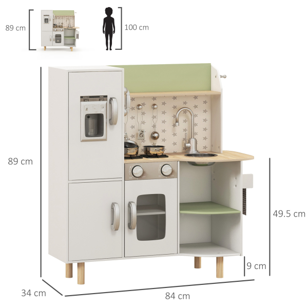 AIYAPLAY Cozinha de Madeira para Crianças com Máquina de Gelo Lavatório de Aço Inoxidável e Utensílios 84x34x89 cm Branco - Image 3