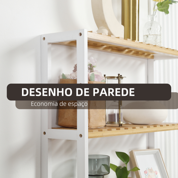 HOMCOM Estante de Parede de Bambu de 3 Níveis Estante Suspensa para Sala de Estar Dormitório Cozinha 60x15x54cm Madeira e Branco - Image 4