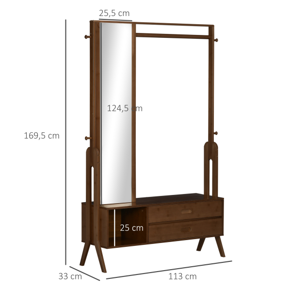 HOMCOM Móvel Cabide de Entrada com Banco Espelho 2 Gavetas 4 Ganchos Barra e Compartimento de Armazenamento 113x33x169,5cm Marrom - Image 3